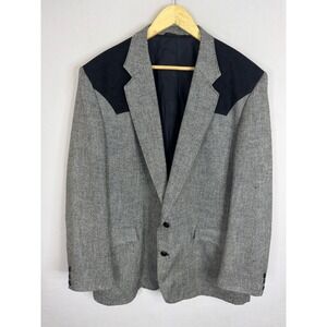 Circle S Mens Western Blazer 48L Grey Herringbone Suede Yoke Sport Coat USA Made